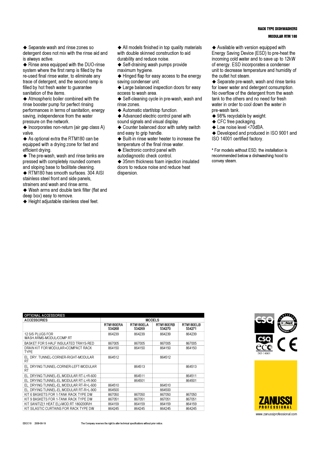 Zanussi RTM180ELA, RTM180ERB, RTM180ELB, RTM180ERA, 534268, 534271, 534270, 534269 Optional Accessories, Accessories Models 