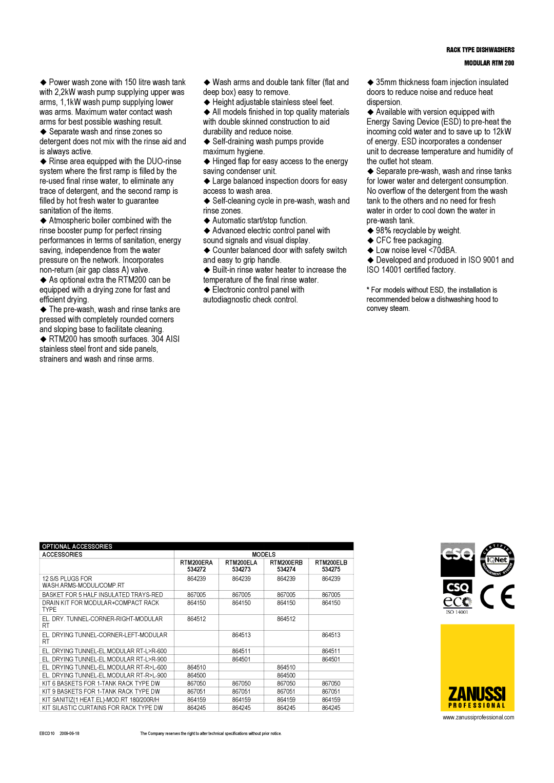 Zanussi RTM200ERA, RTM200ELB, RTM200ELA, RTM200ERB, 534272, 534275, 534273, 534274 Optional Accessories, Accessories Models 