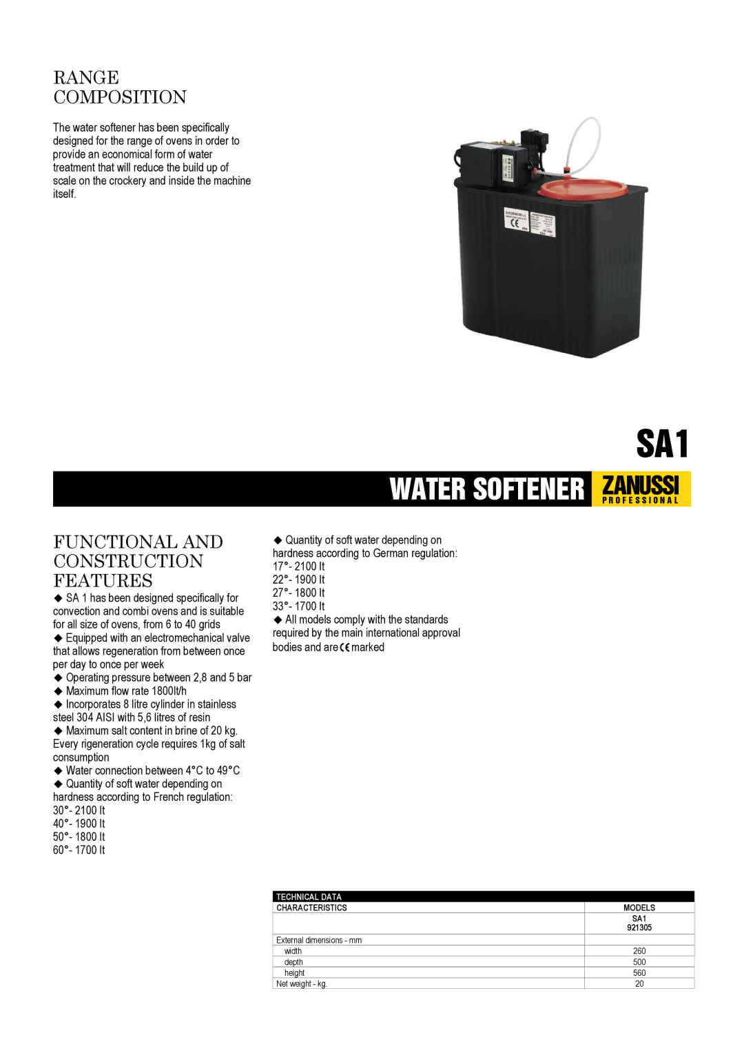 Zanussi 921305 dimensions SA1, Water Softener, Zanussi, Range Composition, Functional and Construction Features 