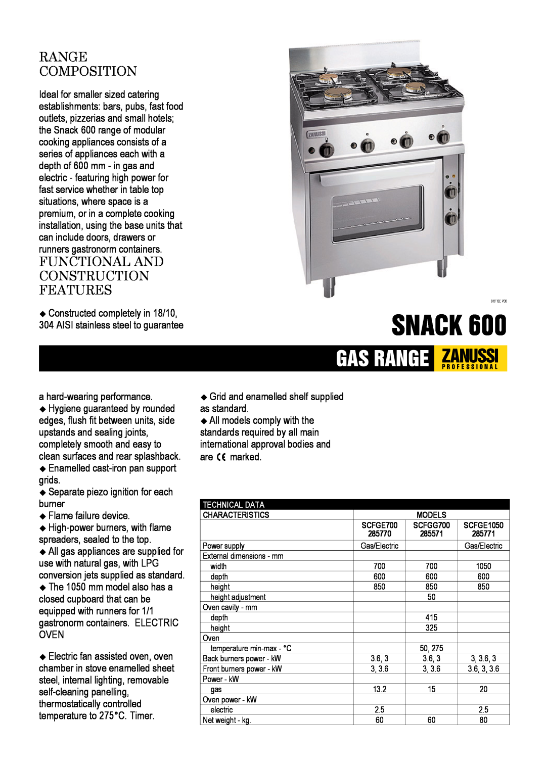 Zanussi SCFGE 700 dimensions Snack, Range Composition, Functional And Construction Features, a hard-wearingperformance 
