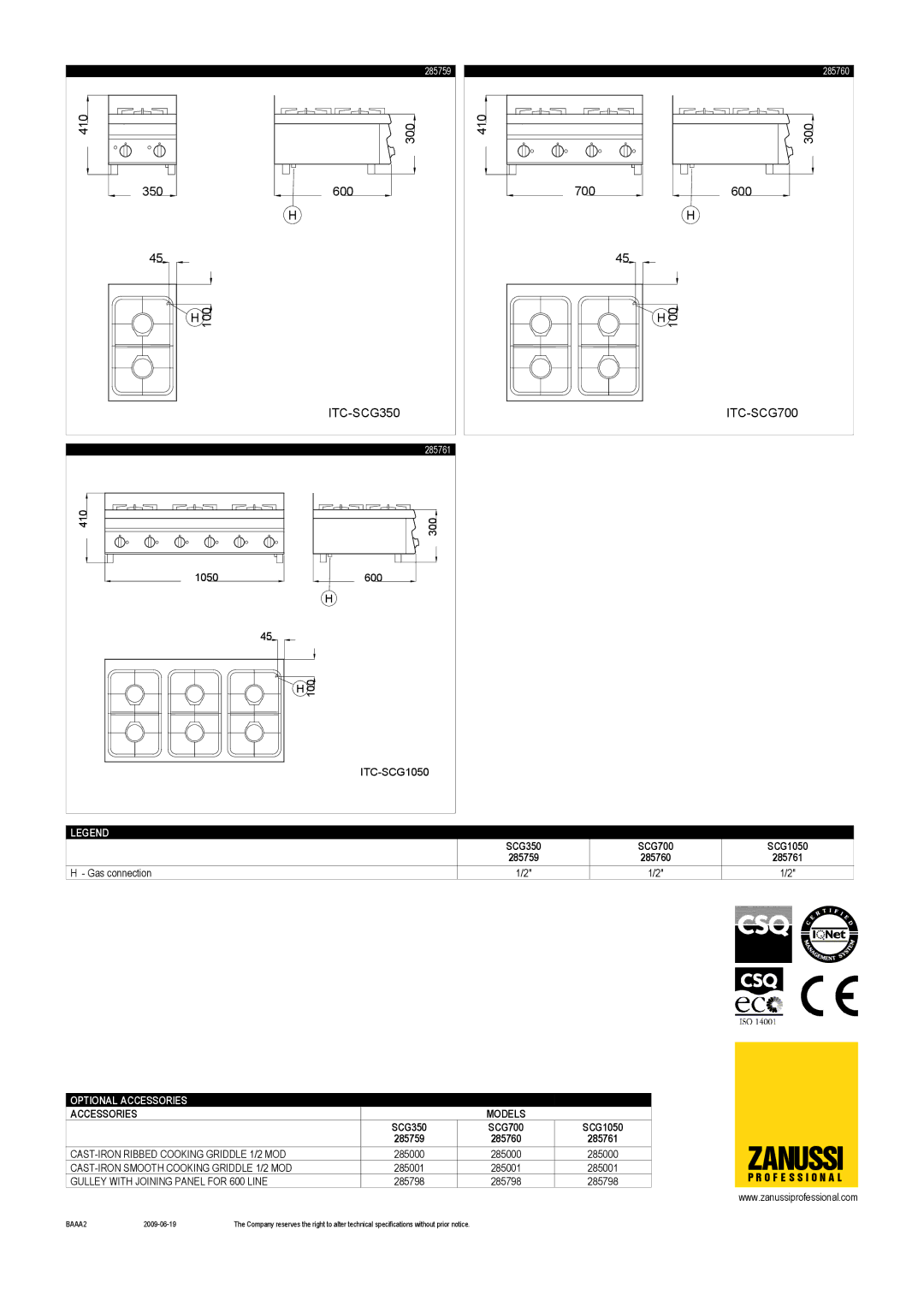 Zanussi SCG1050, SCG350, SCG700, 285760, 285759, 285761 dimensions Zanussi 