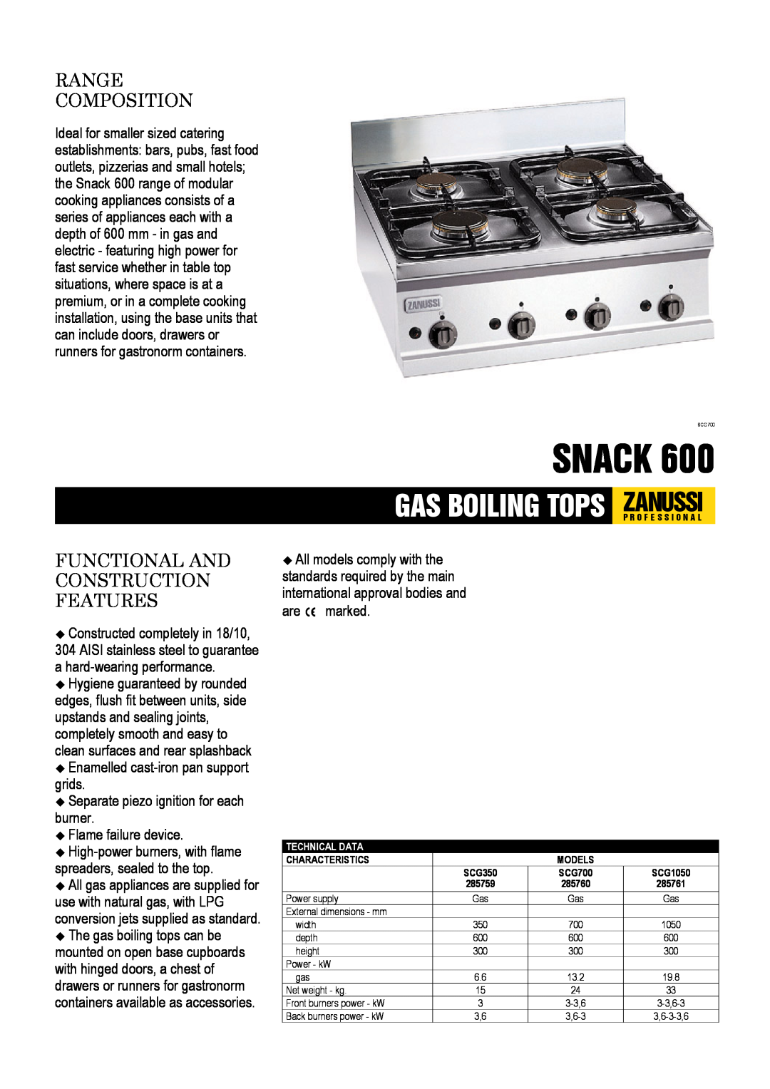 Zanussi SCG700, SCG350 dimensions Snack, Range Composition, Functional And Construction Features, Flame failure device 