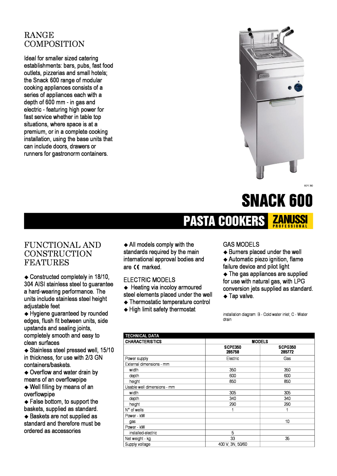 Zanussi SCPG350, SCPE350, 285758, 285772 dimensions Snack, Range Composition, Functional And Construction Features 