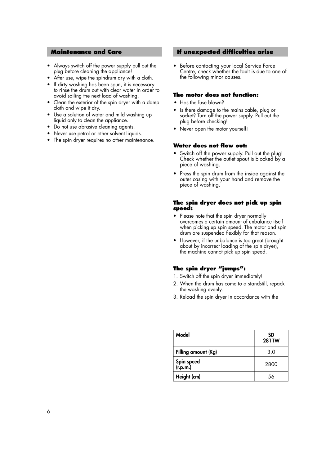 Zanussi SD 2811 W Maintenance and Care, If unexpected difficulties arise, Motor does not function, Water does not flow out 