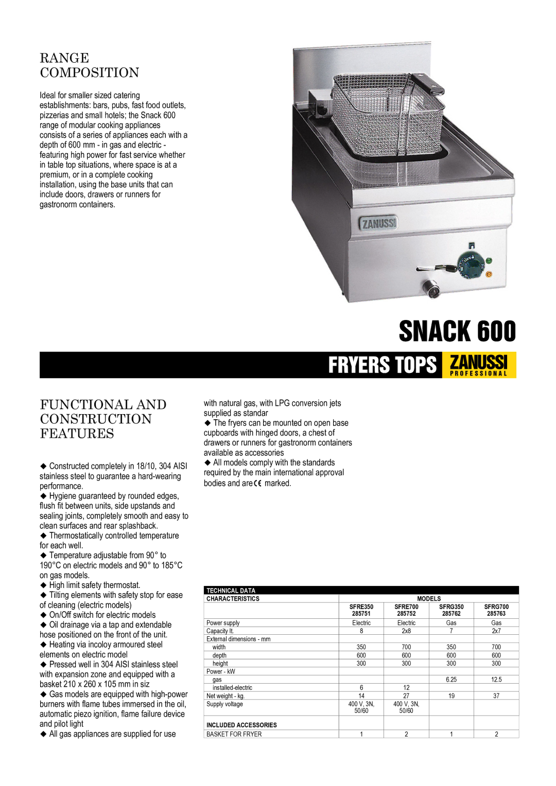 Zanussi SFRE350, SFRG350, SFRE700, SFRG700, 285752, 285762 dimensions Range Composition, Functional and Construction Features 