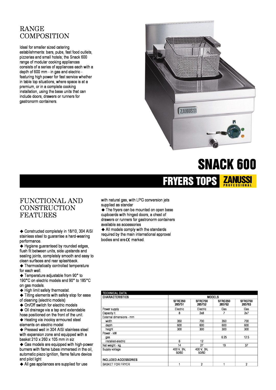Zanussi SFRE350, SFRG350, SFRE700, SFRG700, 285752 dimensions Snack, Range Composition, Functional And Construction Features 