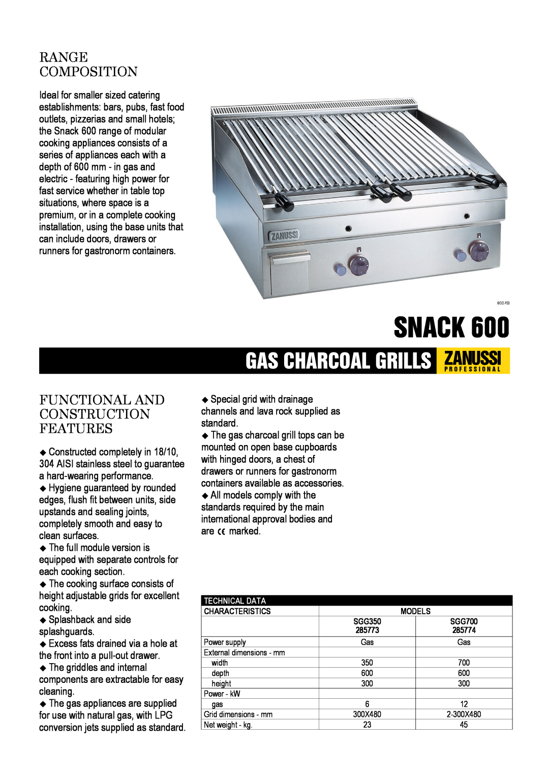 Zanussi SGG350, SGG700, 285773, 285774 dimensions Snack, Range Composition, Functional And Construction Features 