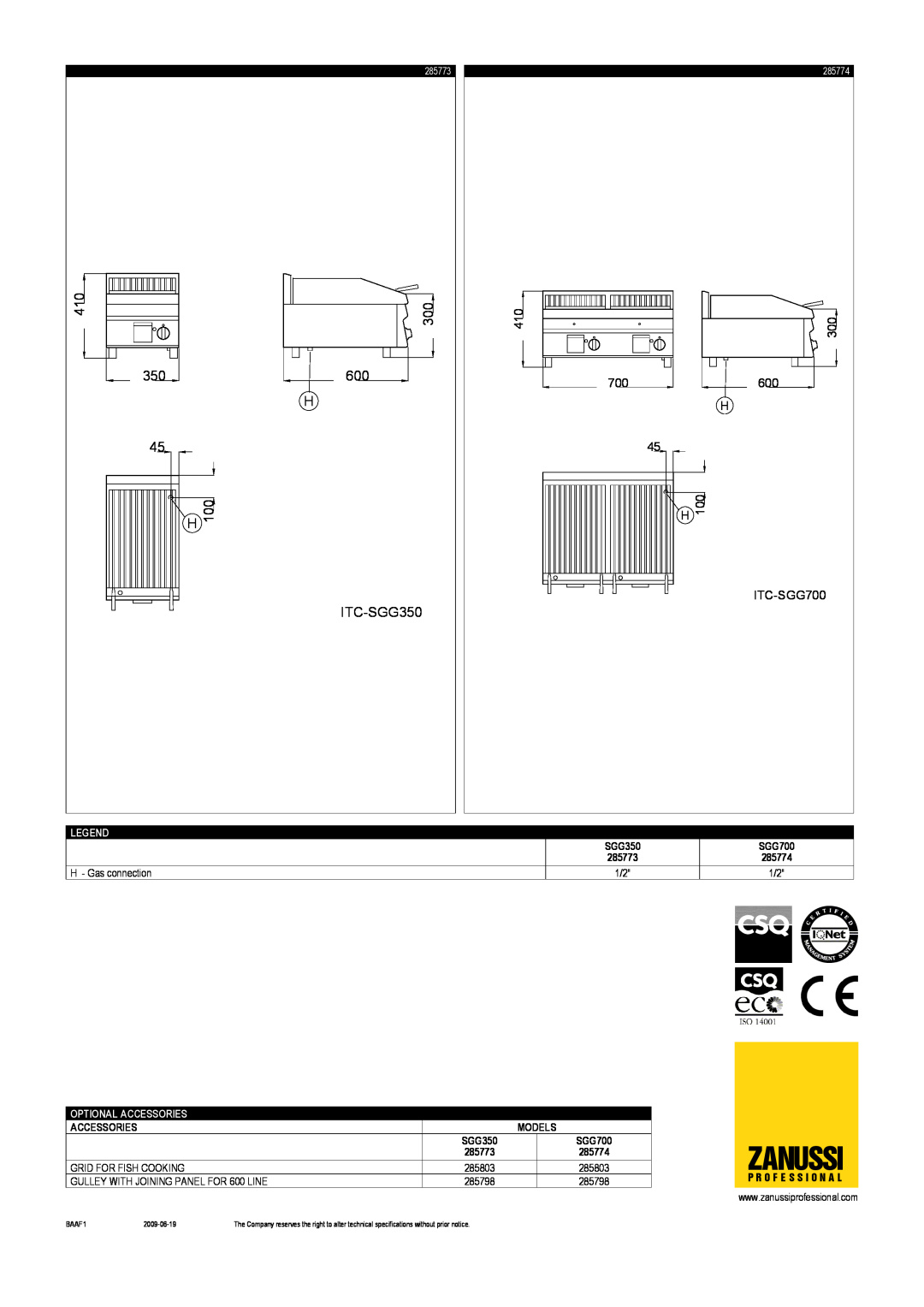 Zanussi 285773 Zanussi, ITC-SGG700, H - Gas connection, Optional Accessories, Models, Grid For Fish Cooking, SGG350 
