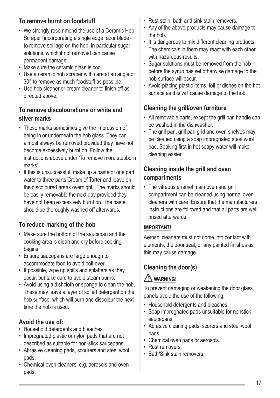 Zanussi SIP 3.0.2 manual To remove burnt on foodstuff, To remove discolourations or white Silver marks, Avoid the use 