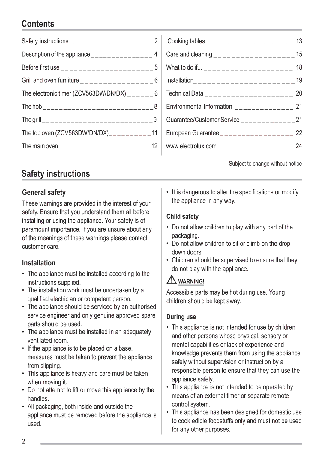 Zanussi SIP 3.0.2 manual Contents, Safety instructions 