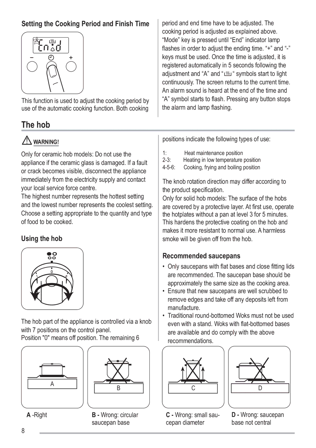 Zanussi SIP 3.0.2 manual Hob, Setting the Cooking Period and Finish Time, Using the hob, Recommended saucepans 