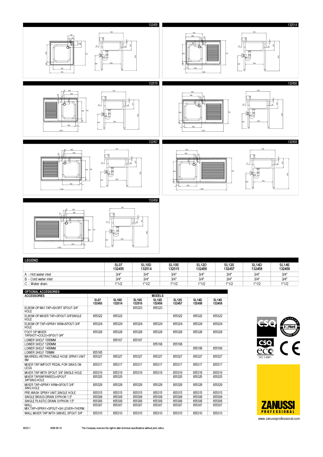 Zanussi SL14S, SL14D, SL10D, SL12D, SL12S, SL07, SL10S, 132455, 132515, 132459 Hot water inlet Cold water inlet Water drain, 11/2 