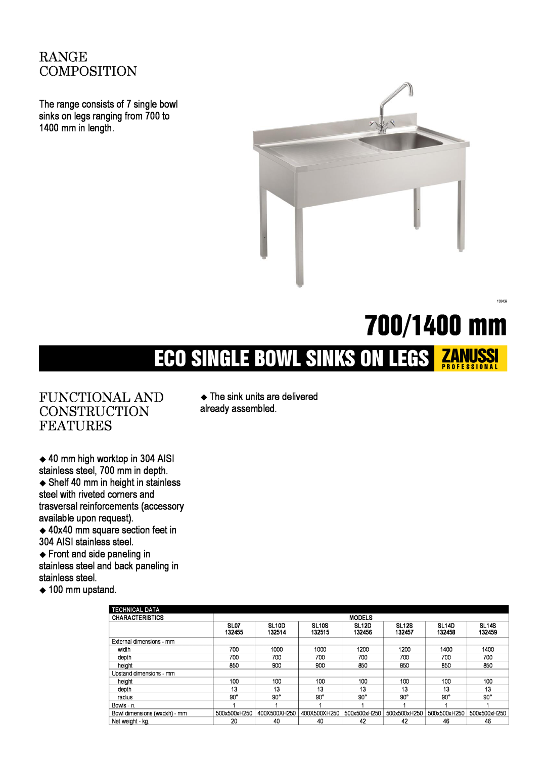 Zanussi SL10D, SL14D dimensions 700/1400 mm, Range Composition, Functional And Construction Features, AISI stainless steel 
