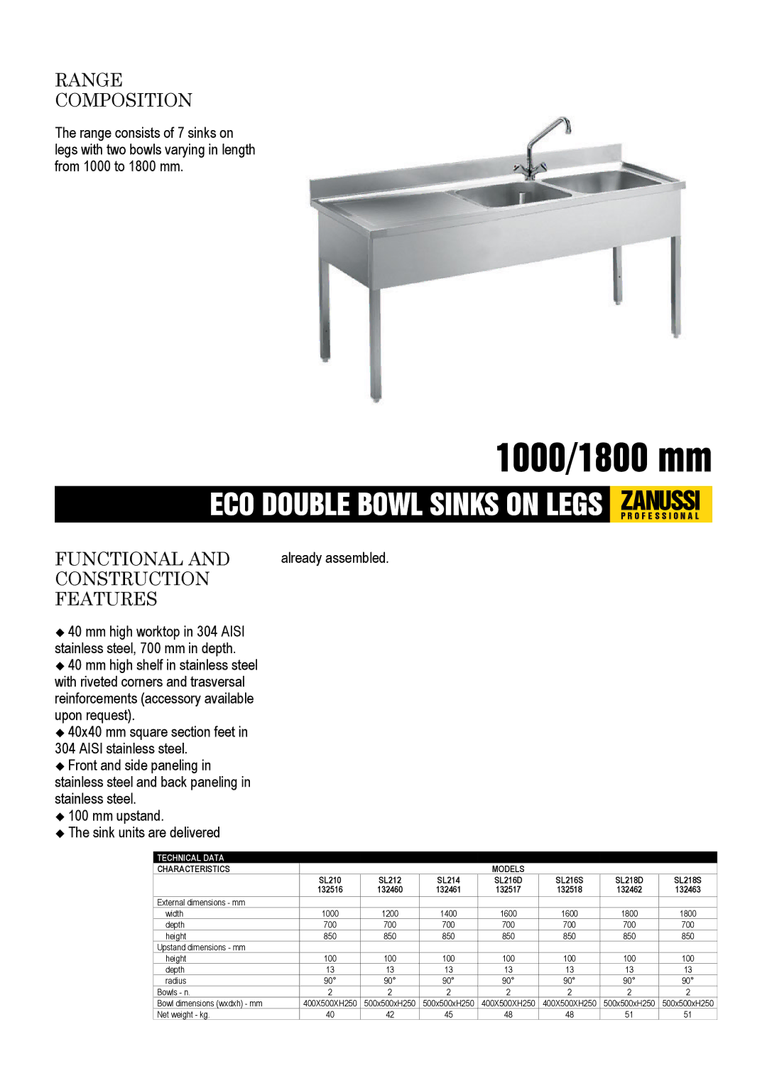 Zanussi SL214, SL216D dimensions External dimensions mm Width, Depth, Upstand dimensions mm Height, Net weight kg 