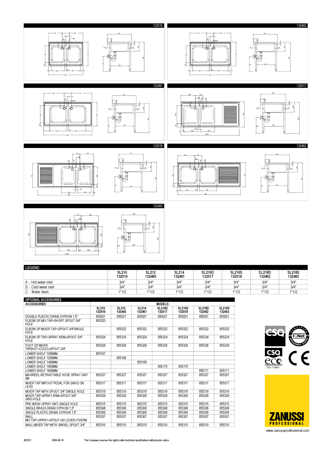 Zanussi SL218S, SL216D, SL214, SL212, SL210, SL218D, SL216S, 132516, 132518 Hot water inlet Cold water inlet Water drain, 132517 