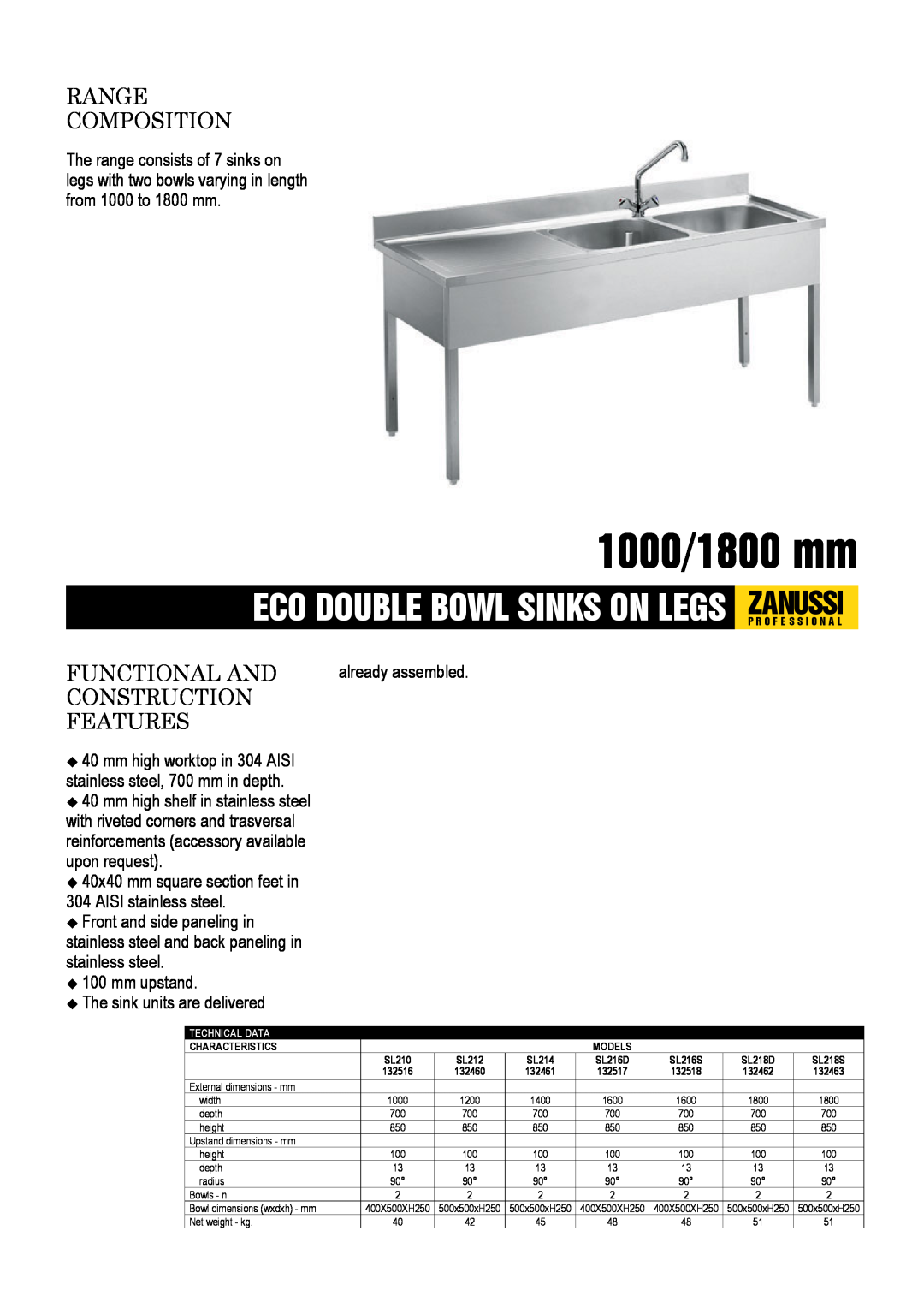 Zanussi SL214, SL216D, SL218S, SL212, SL210 dimensions 1000/1800 mm, Range Composition, Functional And Construction Features 