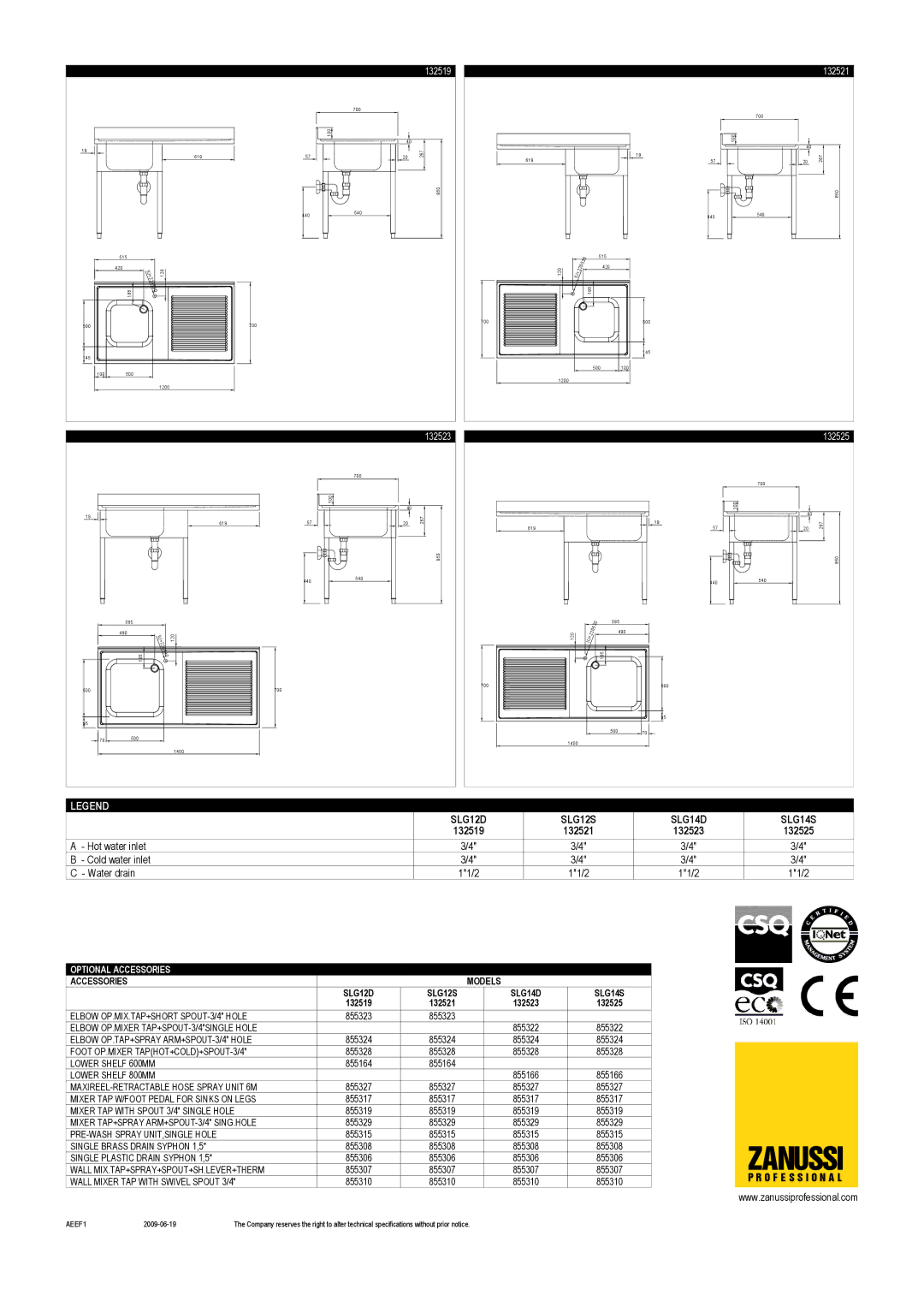 Zanussi SLG14S, SLG12D, SLG14D, SLG12S, 132521, 132525, 132519, 132523 dimensions Zanussi 