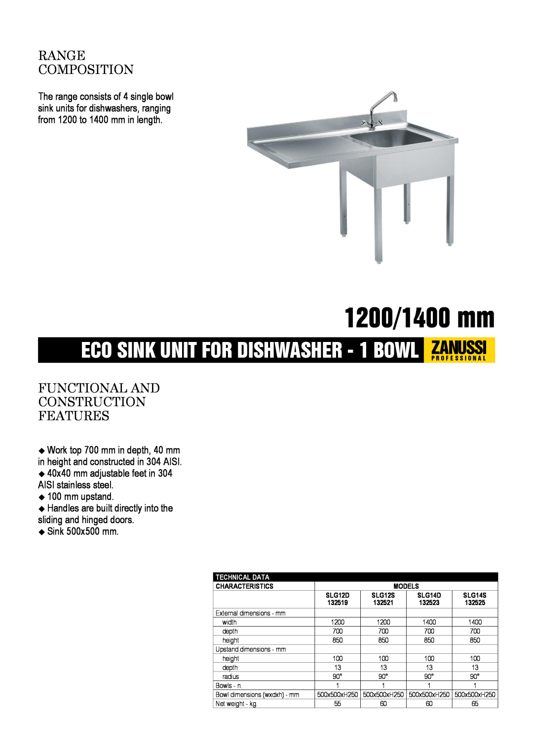 Zanussi SLG14D, SLG12D, SLG14S dimensions 1200/1400 mm, Range Composition, Functional And Construction Features, mm upstand 