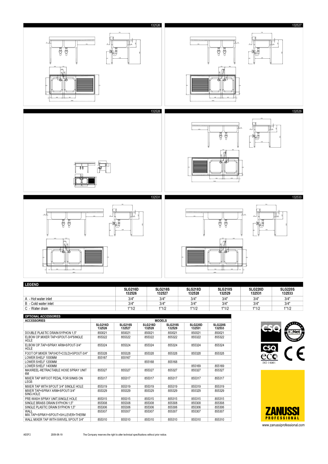 Zanussi SLG218D, SLG216S, SLG216D, SLG220D, SLG218S, SLG220S dimensions 132526 132527, 132528 132529, 132531 132533 