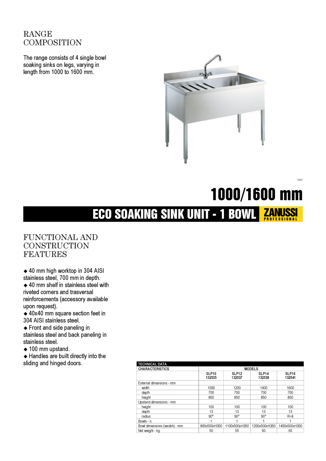 Zanussi SLP14, SLP10, SLP12, SLP16, 132541, 132539, 132537 dimensions Range Composition, Functional Construction Features 