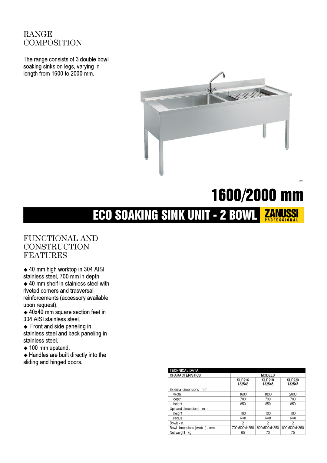 Zanussi SLP220, SLP218, SLP216, 132547, 132543, 132545 dimensions Range Composition, Functional Construction Features 