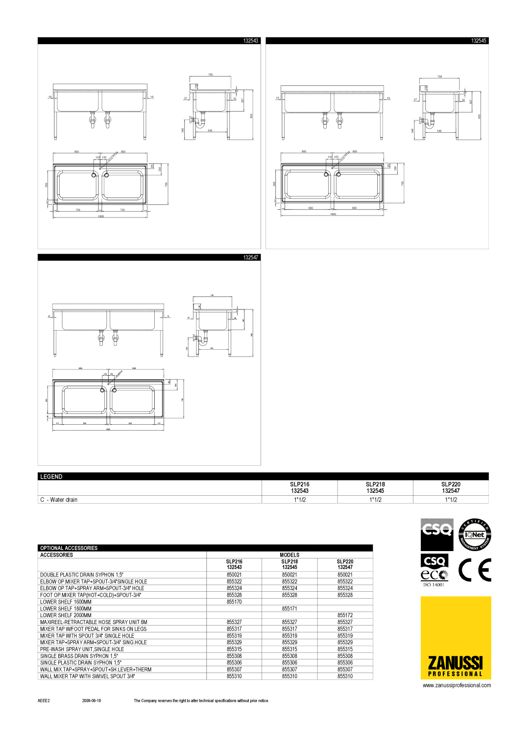 Zanussi SLP216, SLP218, SLP220, 132547, 132543, 132545 dimensions Zanussi 