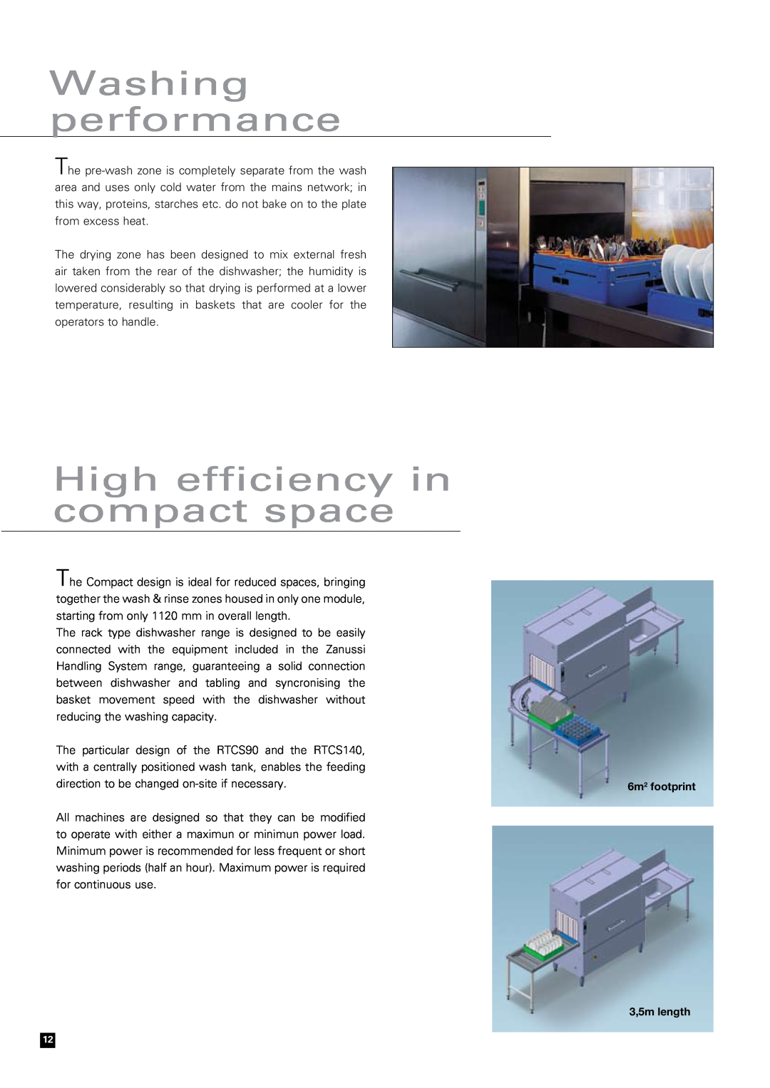 Zanussi Snack 600, N 700, RTM 140, RTM 200 High efficiency in compact space, Washing performance, 6m2 footprint 3,5m length 