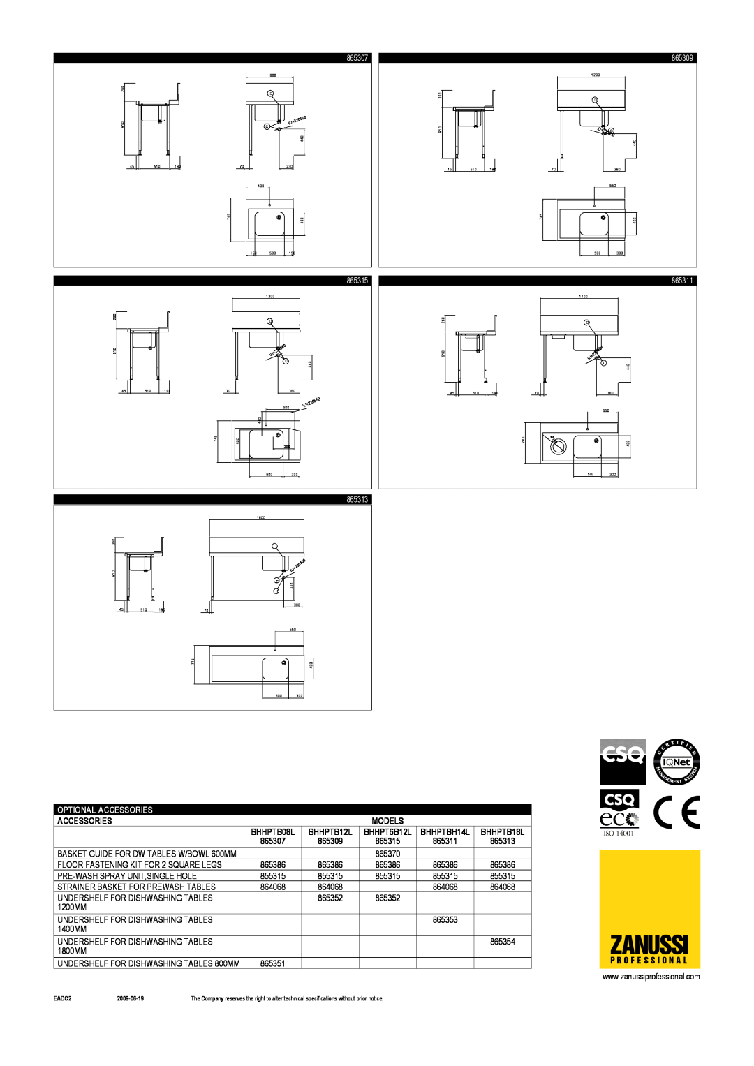 Zanussi SPK-1 dimensions Zanussi, Optional Accessories, Models 