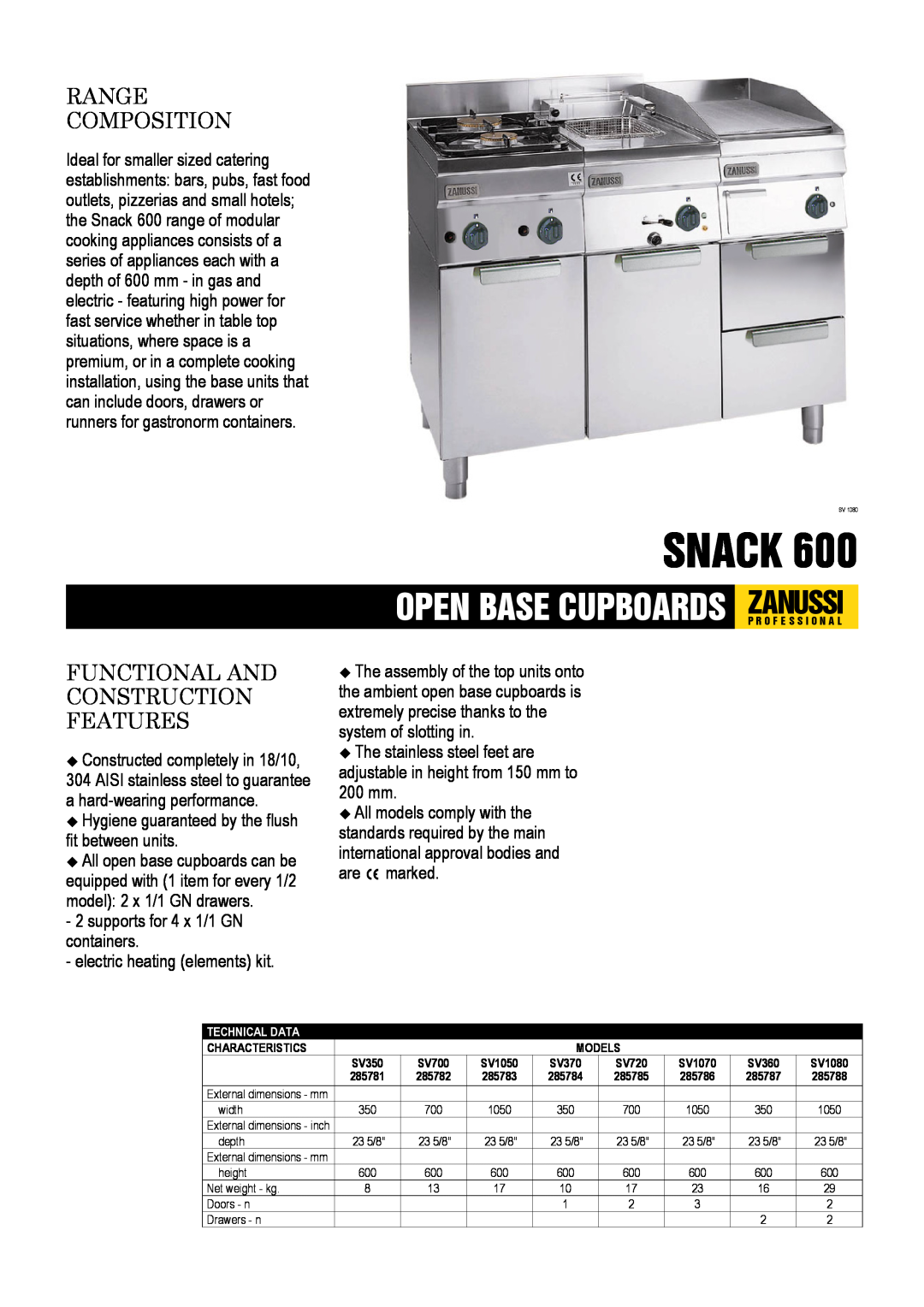Zanussi SV 1080 dimensions Snack, Range Composition, Functional And Construction Features, electric heating elements kit 