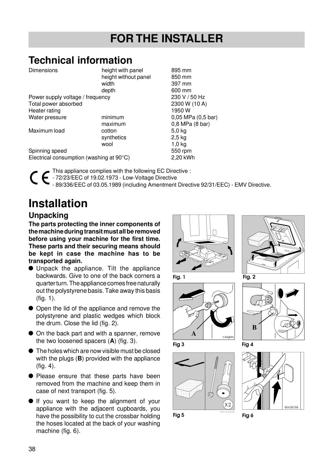 Zanussi T 503 manual For the Installer, Unpacking 