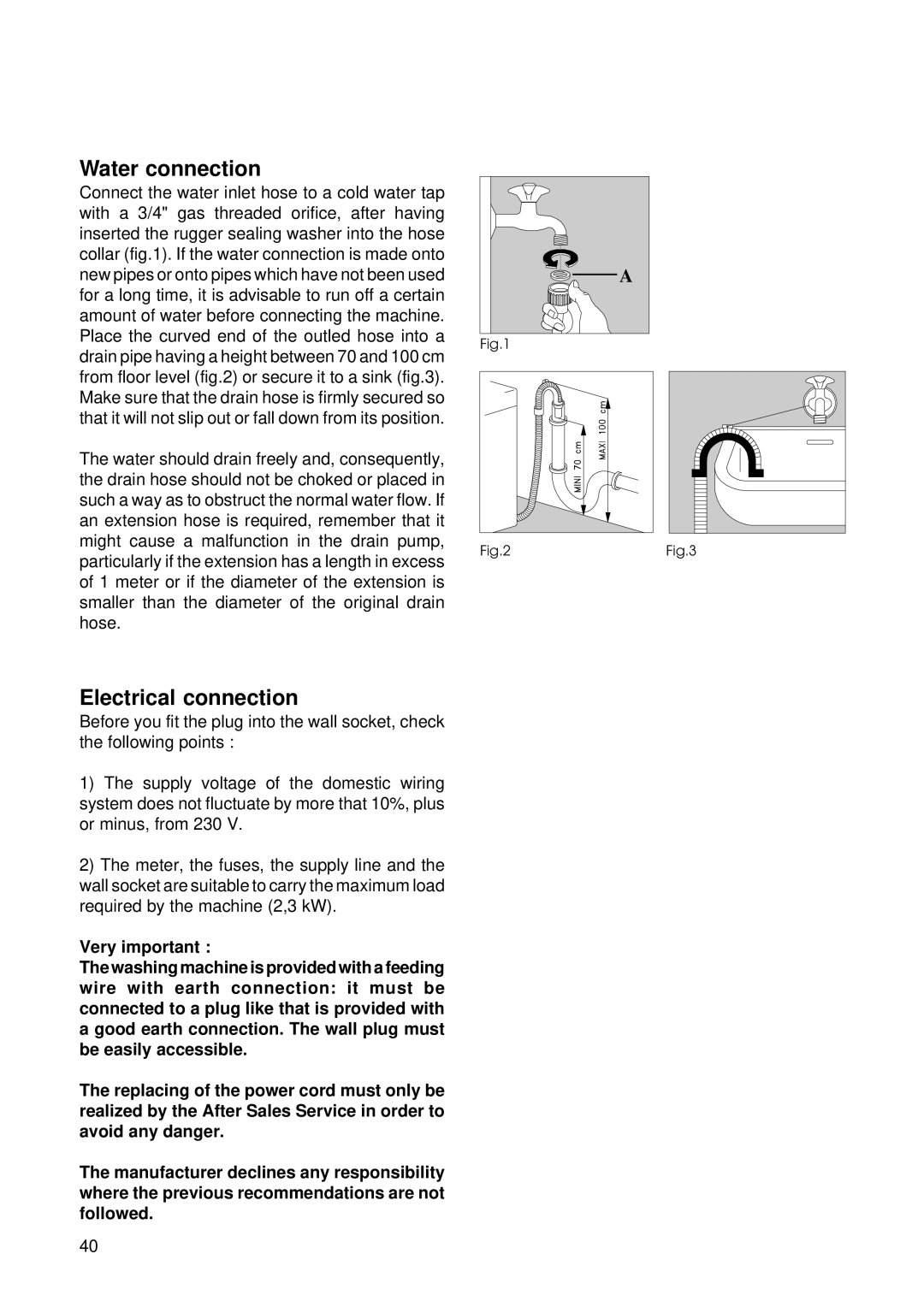 Zanussi T 503 manual Water connection, Electrical connection 