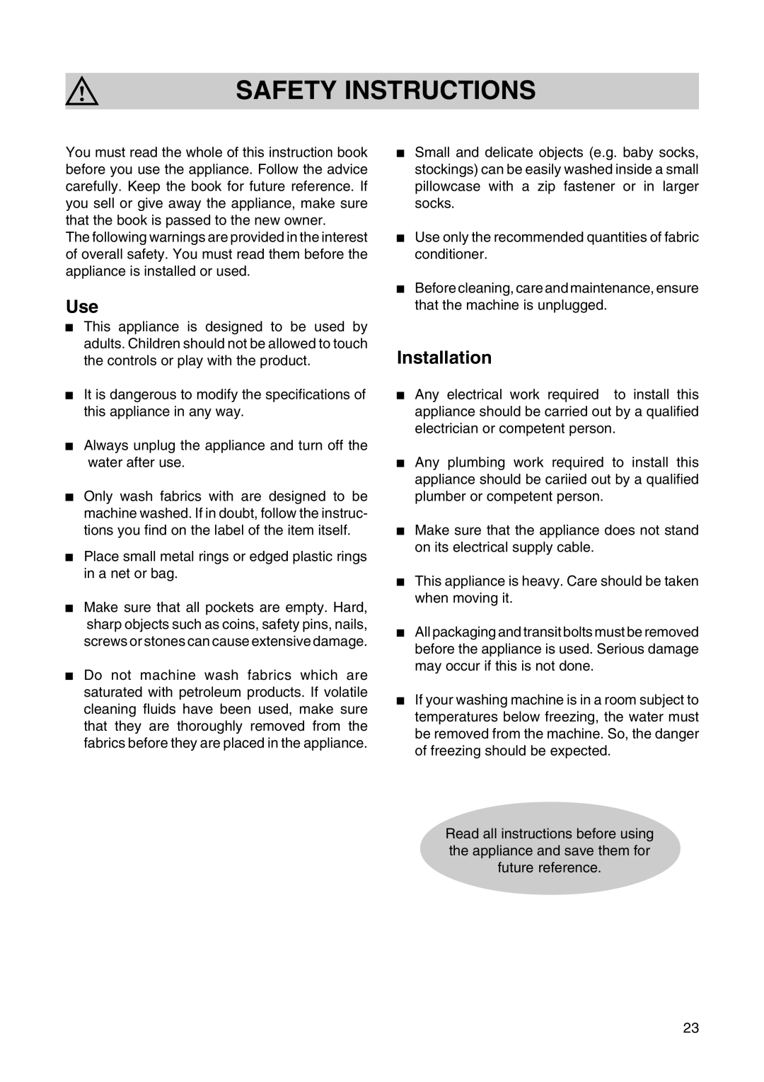 Zanussi T 503 manual Safety Instructions, Use, Installation 