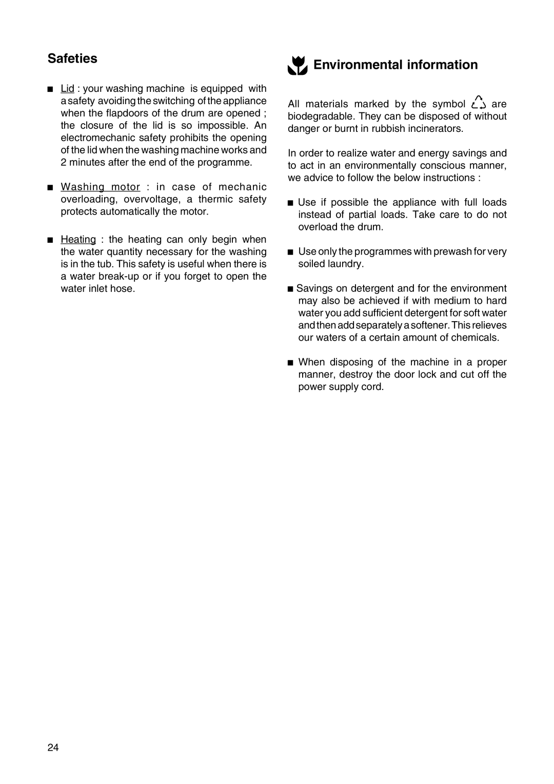 Zanussi T 503 manual Safeties, Environmental information 