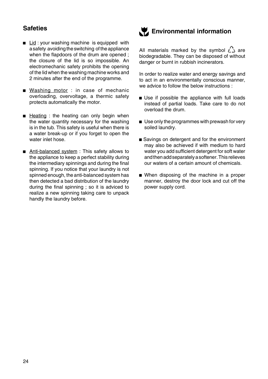 Zanussi T 613 manual Safeties, Environmental information 