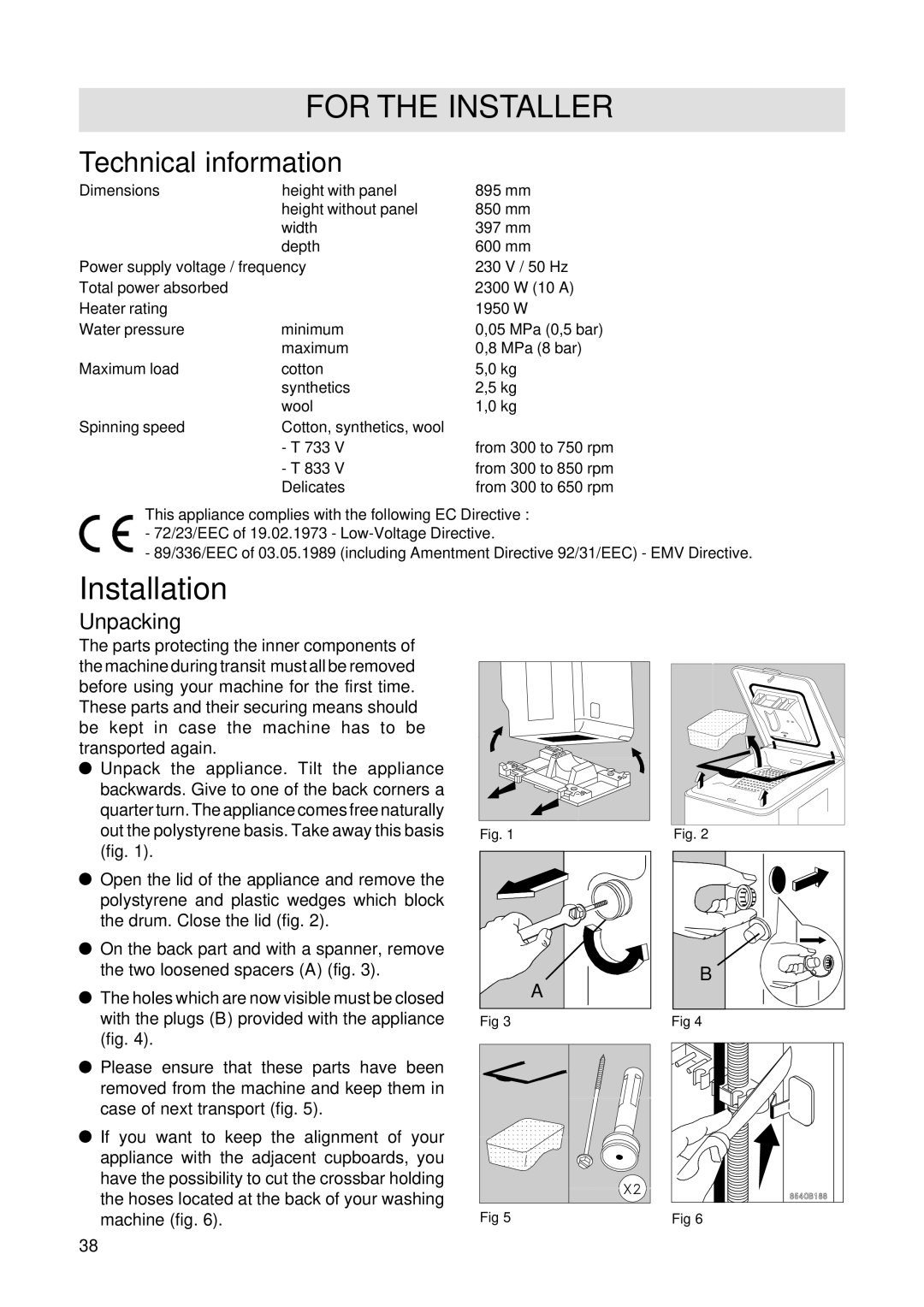 Zanussi T 733 V manual For the Installer, Unpacking 