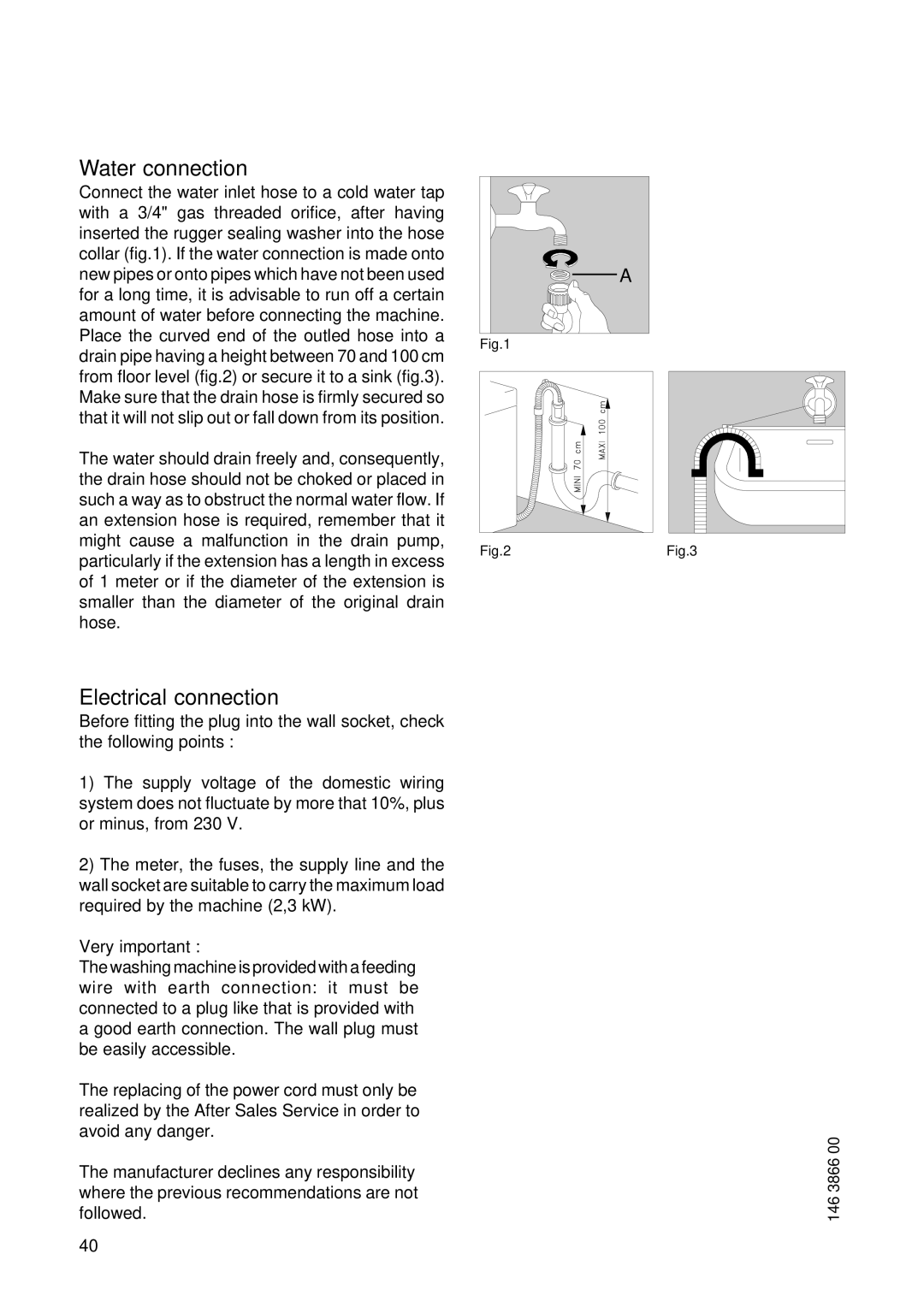 Zanussi T 733 V manual Water connection, Electrical connection 