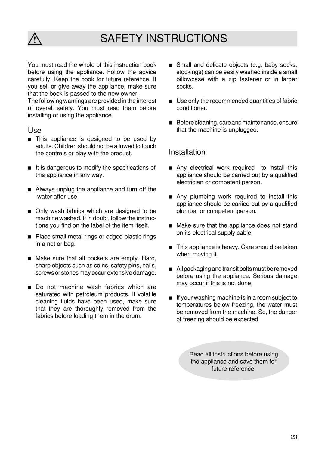 Zanussi T 733 V manual Safety Instructions, Use, Installation 