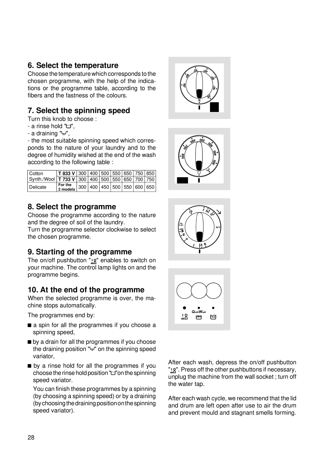 Zanussi T 733 V manual Select the temperature, Select the spinning speed, Select the programme, Starting of the programme 