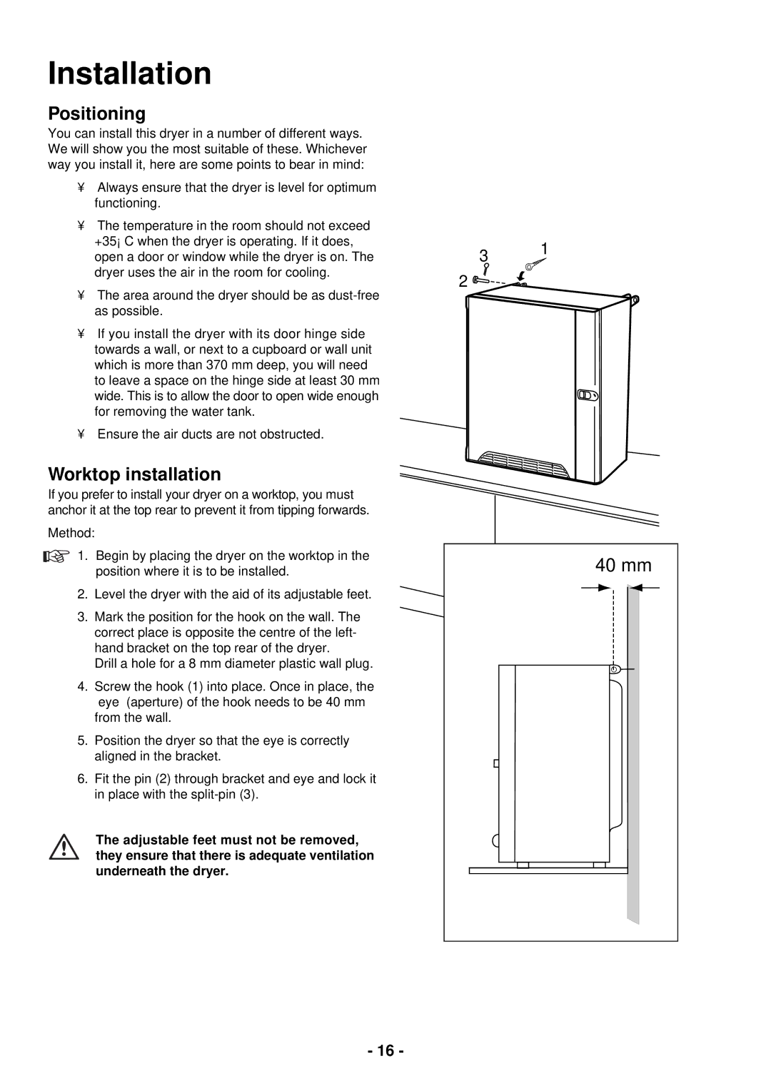 Zanussi TC 180 manual Installation, Positioning, Worktop installation 