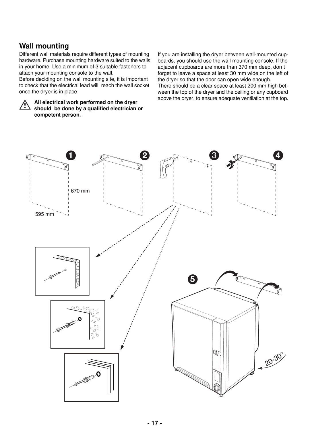 Zanussi TC 180 manual Wall mounting 