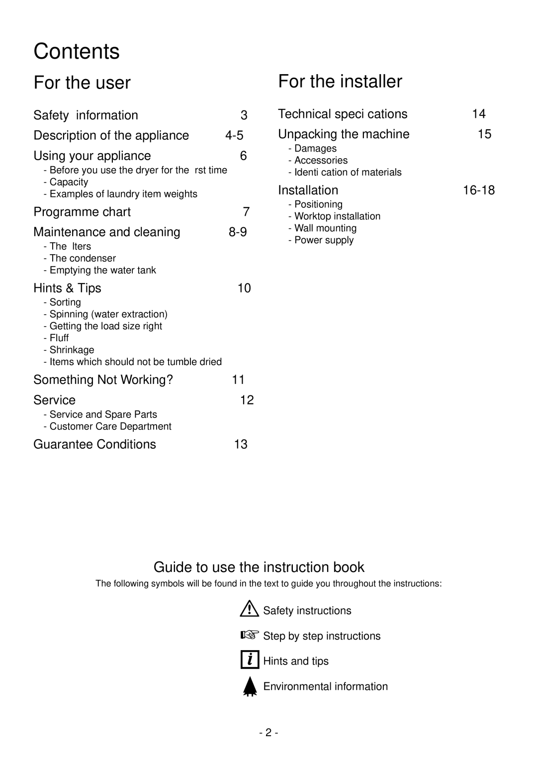 Zanussi TC 180 manual Contents 