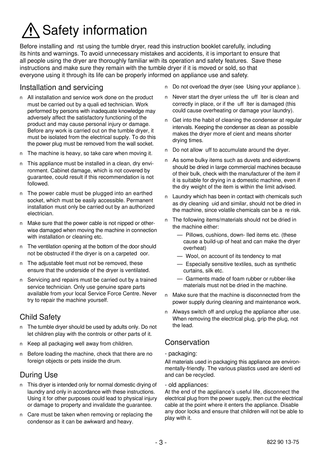 Zanussi TC 180 manual Safety information, Installation and servicing, Child Safety, During Use, Conservation 