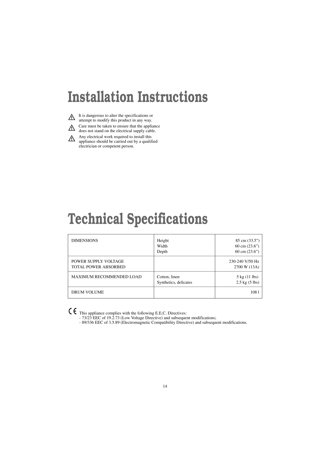 Zanussi TC 481 W manual Installation Instructions, Technical Specifications 