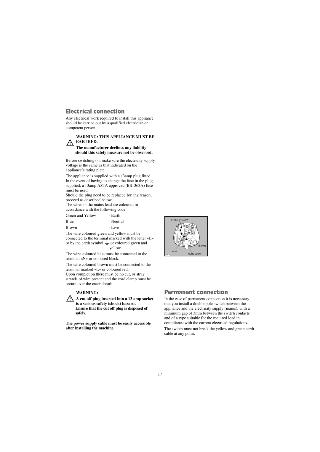 Zanussi TC 481 W manual Electrical connection, Permanent connection 