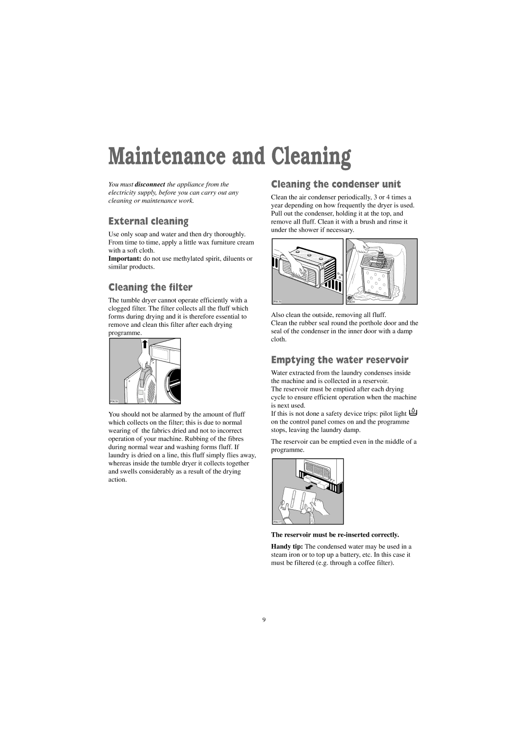 Zanussi TC 481 W manual Maintenance and Cleaning, External cleaning, Cleaning the condenser unit, Cleaning the filter 