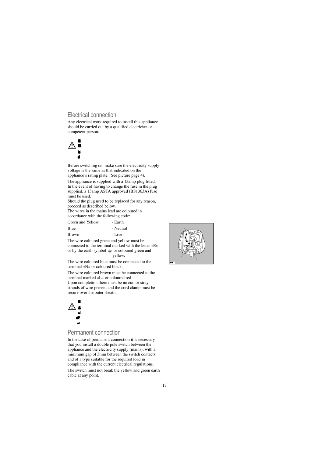 Zanussi TC 482 W manual Electrical connection, Permanent connection 