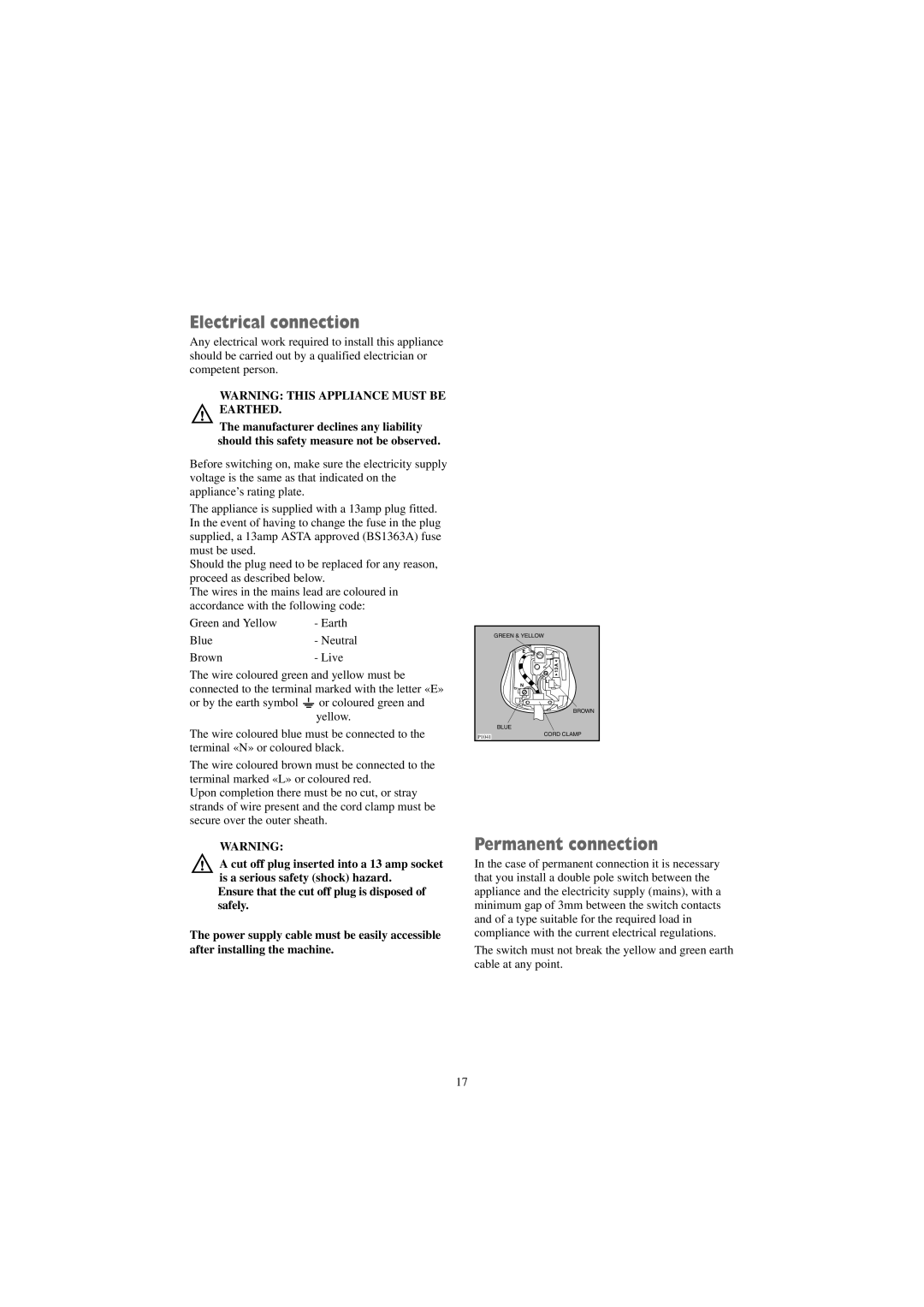 Zanussi TC 484 W manual Electrical connection, Permanent connection 