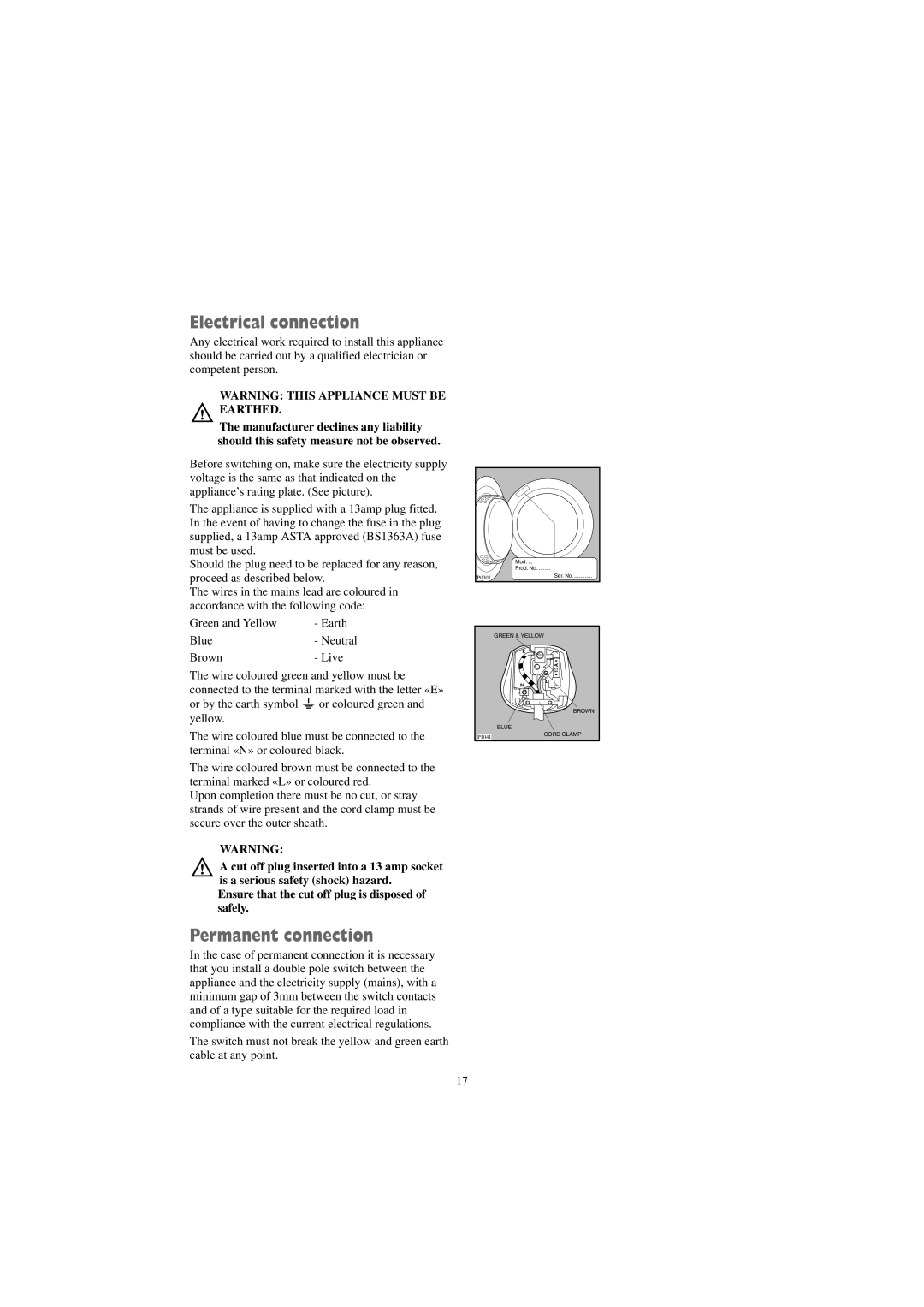 Zanussi TC 485 W manual Electrical connection, Permanent connection 