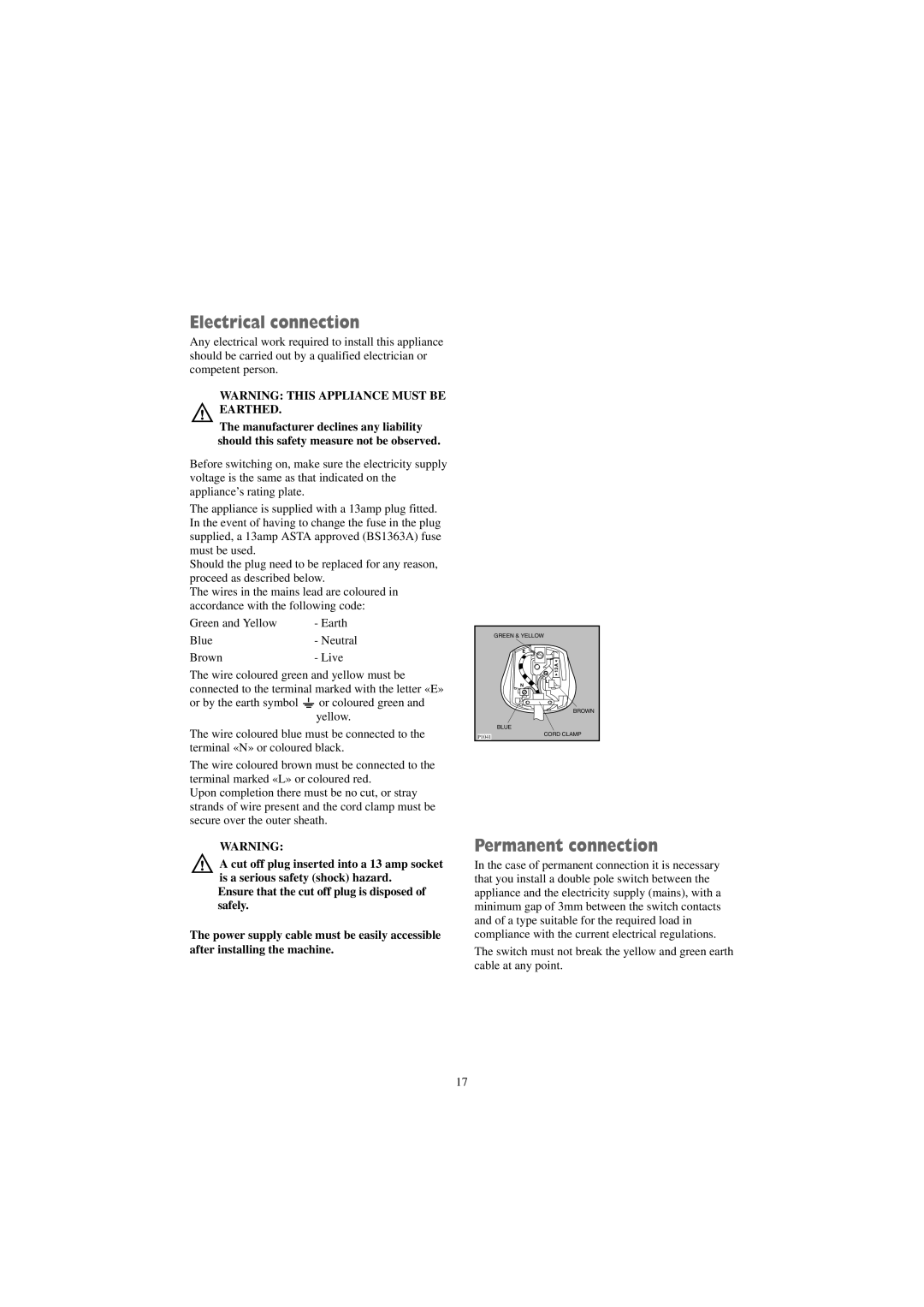 Zanussi TC 491 D manual Electrical connection, Permanent connection 