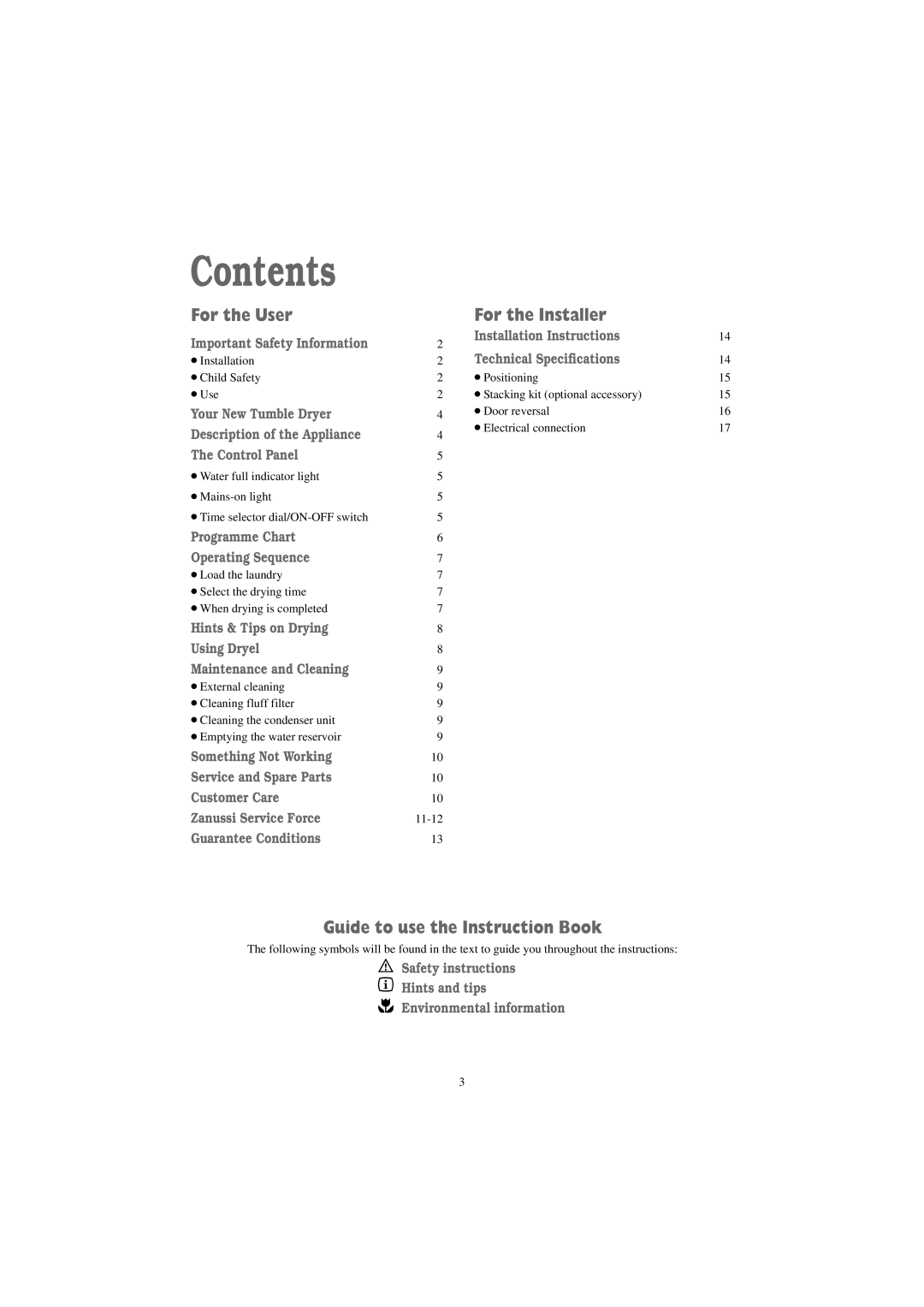 Zanussi TC 491 D manual Contents 